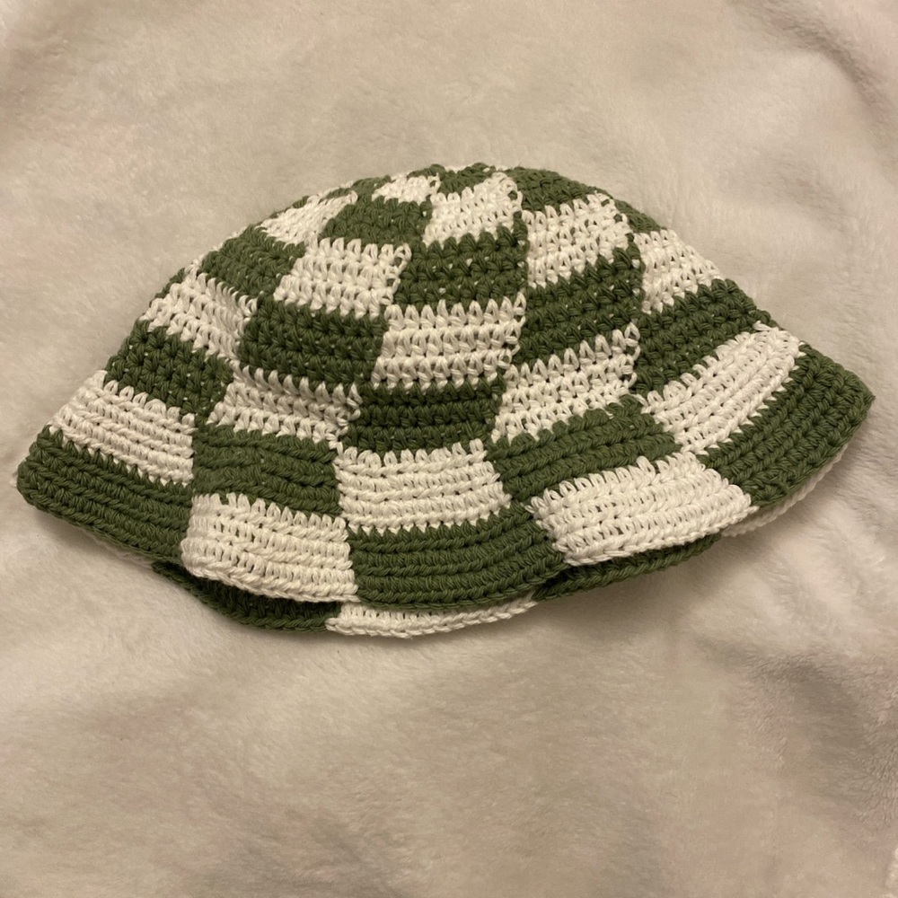 Handmade Crochet Checkered White & Green Bucket Hat